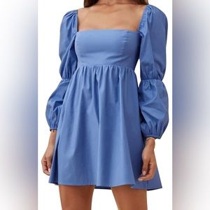 Square Neck Dress Long Puff Sleeve A-Line Casual Short Mini Dress